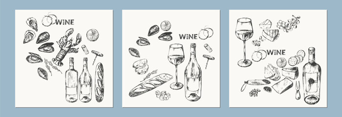 Hand drawn wine illustration set. - obrazy, fototapety, plakaty