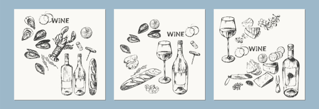 Hand drawn wine illustration set.