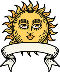 traditional tattoo with banner of a sun with face