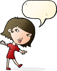 cartoon happy girl gesturing to follow with speech bubble
