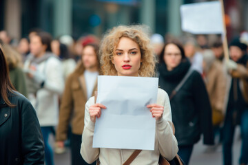 caucasian woman activist holding white poster on a march on the street