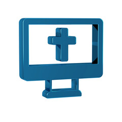 Obraz premium Blue Christian cross on monitor icon isolated on transparent background. Church cross.