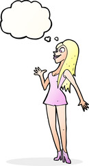 cartoon woman in pink dress with thought bubble