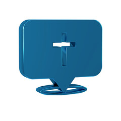 Blue Map pin church building icon isolated on transparent background. Christian Church. Religion of church.