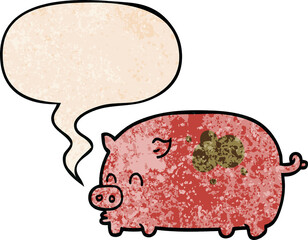 cute cartoon pig with speech bubble in retro texture style