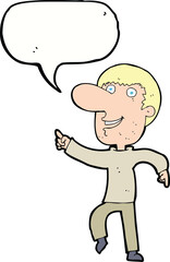 cartoon happy man dancing with speech bubble