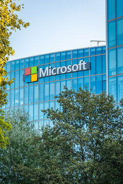 Microsoft sign on the French head office building in Issy les Moulineaux near Paris, France