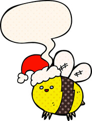 cute cartoon bee wearing christmas hat with speech bubble in comic book style