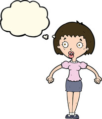 cartoon confused woman shrugging shoulders with thought bubble