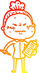 warm gradient line drawing of a cartoon annoyed old lady