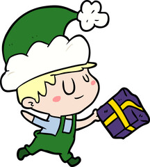cartoon happy christmas elf with present