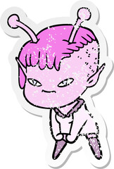 distressed sticker of a cute cartoon alien girl