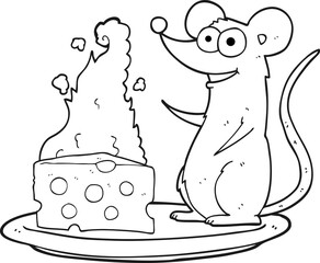 freehand drawn black and white cartoon mouse with cheese