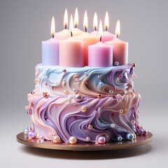 Delicious pastel color birthday cake with candles, Generative AI