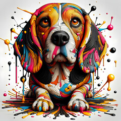 perro de colores y gotas de pintura