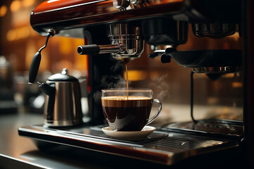 Glass cup of coffee being prepared in a coffee machine