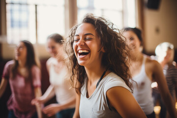 Portrait of a young woman dancing with her friends in a dance gym. - obrazy, fototapety, plakaty