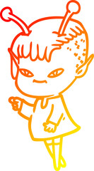 warm gradient line drawing of a cute cartoon alien girl