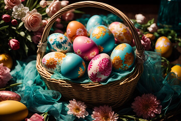Fototapeta na wymiar Basket with floral bright Easter eggs. Close up photo
