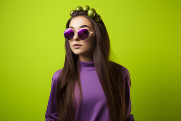 Colorful studio portrait of a cool teenager girl with age specific outfit and accessories. Bold, vibrant and minimalist. Generative AI