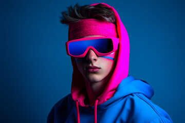 Colorful studio portrait of a cool teenager boy with age specific outfit and accessories. Bold, vibrant and minimalist. Generative AI
