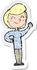 retro distressed sticker of a cartoon friendly waving woman