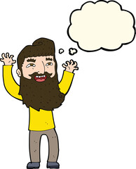 cartoon happy bearded man waving arms with thought bubble