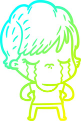 cold gradient line drawing of a cartoon woman crying