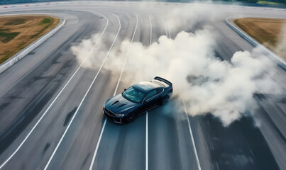 Precision Drift, Aerial View of Professional Driver Executing a Perfect Drift on Asphalt Track. - obrazy, fototapety, plakaty