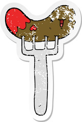 distressed sticker of a cartoon sausage and fork