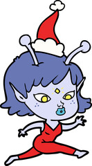 pretty hand drawn line drawing of a alien girl running wearing santa hat