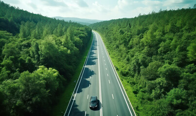 Obraz premium Aerial View of Asphalt Road Meandering Through Green Forest - Harmony of Ecology and Adventure.