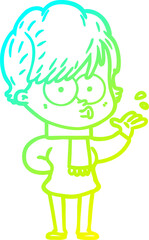 cold gradient line drawing of a cartoon woman