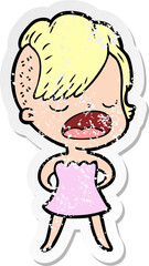 distressed sticker of a cartoon cool hipster girl talking