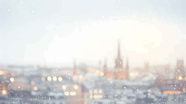 Blurred Winter City Lights with Snowflakes. Created with generative AI