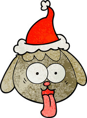 hand drawn textured cartoon of a dog face panting wearing santa hat