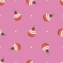Christmas balls with stars seamless pattern. Christmas and New Year concept. Hand drawn pink y2k vector texture for wallpaper, prints, wrapping, textile