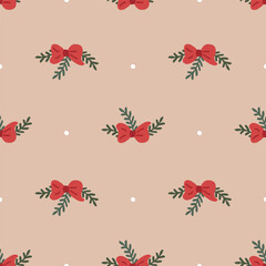 Simple seamless pattern with red bow and leaves. Christmas and New Year concept. Hand drawn retro vintage vector texture for wallpaper, prints, wrapping, textile