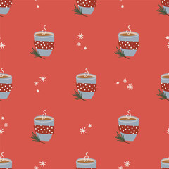 Simple seamless pattern with hot chocolate cup. Christmas and New Year concept. Hand drawn retro vintage vector texture for wallpaper, prints, wrapping, textile