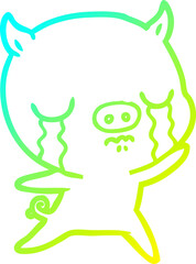 cold gradient line drawing of a cartoon pig crying