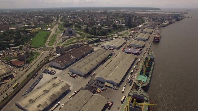 Port district in Douala Cameroon. Drone view