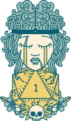 Retro Tattoo Style crying human barbarian with natural one D20 roll