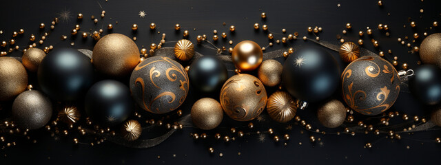 Exquisite frame on a black background with black Christmas baubles and a swirl of gold glitter to create a festive atmosphere. Elegant Christmas baubles and golden glitter for exclusive banners and in