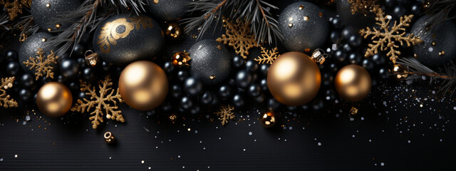 Exquisite frame on a black background with black Christmas baubles and a swirl of gold glitter to create a festive atmosphere. Elegant Christmas baubles and golden glitter for exclusive banners and in