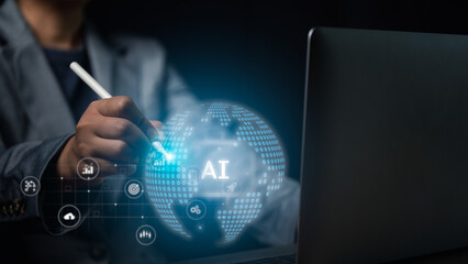 Future-Forward Businesswoman Touching a Virtual Screen with an Electronic Pen for Secure Data Access Worldwide