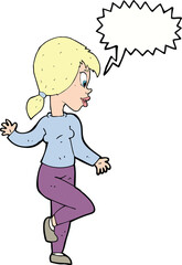 cartoon woman waving with speech bubble