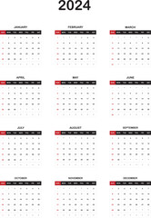2024 wall calendar design template. Simple and clean 12 months one page calendar. Print Ready wall calendar template design for 2024. Week starts on Sunday.