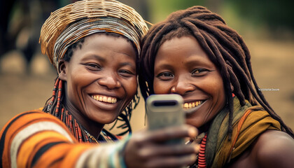 African tribe duo sharing laughter, embodying tranquility - obrazy, fototapety, plakaty