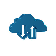Blue Cloud download and upload icon isolated on transparent background.