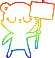 rainbow gradient line drawing of a peaceful cartoon bear cub with protest sign